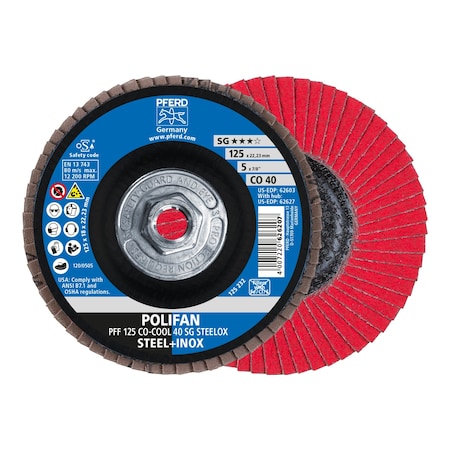 Pferd 5" x 5/8-11 Thd. POLIFAN Flap Disc - CO-COOL SG STEELOX, Ceramic oxide, 40 Grit, Flat 62627
